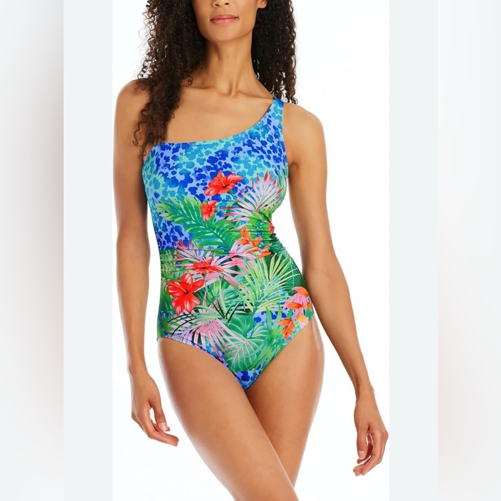 Bleu Rod Beattie size 12 Tropical Flight One Shoulder one piece bathing suit NWT